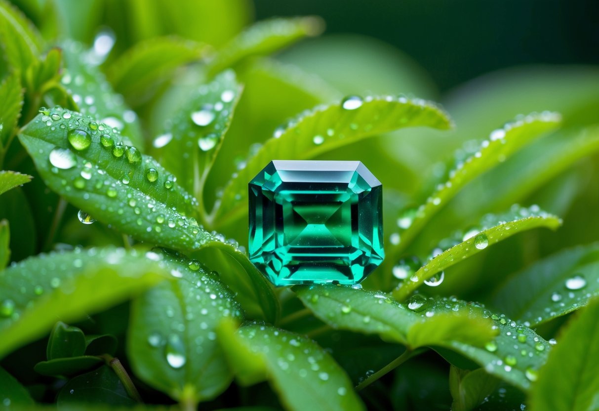 A lush green emerald nestled among delicate foliage and glistening dewdrops
