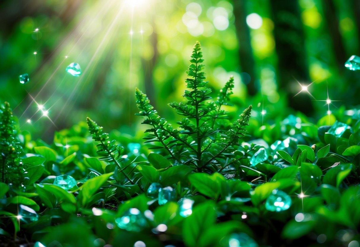 A lush emerald forest bathed in ethereal light, with sparkling gemstones scattered among the foliage. A sense of serenity and healing energy emanates from the vibrant green surroundings