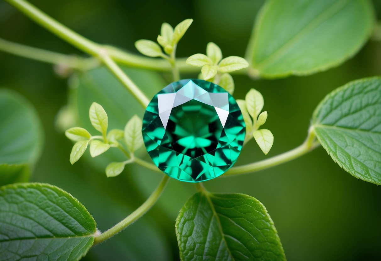 A lush green emerald gemstone surrounded by delicate vines and leaves, emitting a sense of healing and spiritual significance