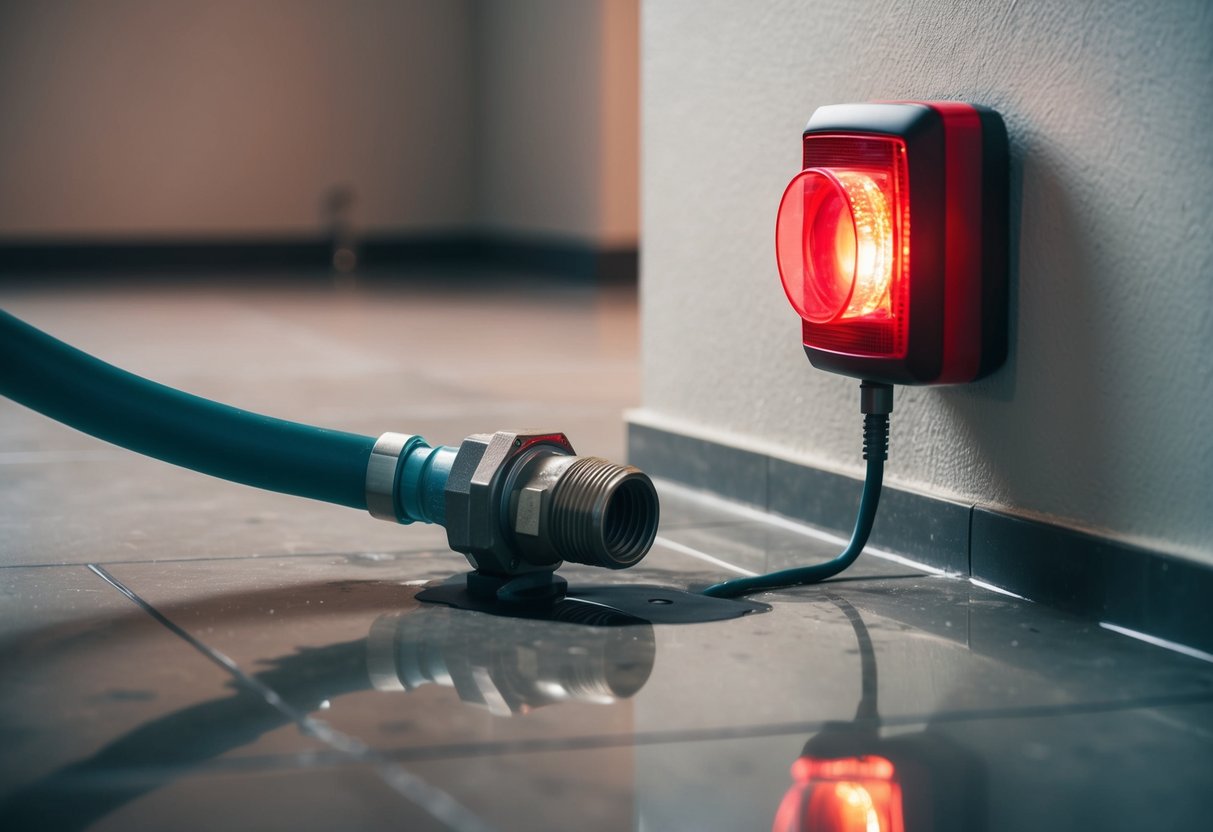 A water pipe leaks onto a basement floor, triggering a red flashing light and audible alarm on a wall-mounted detector