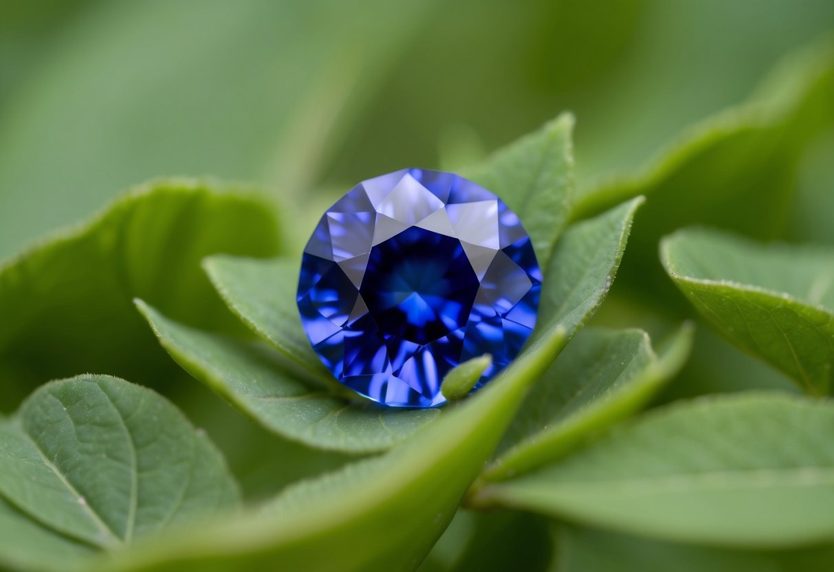 A serene sapphire nestled in a bed of delicate green leaves, exuding an aura of wisdom and tranquility