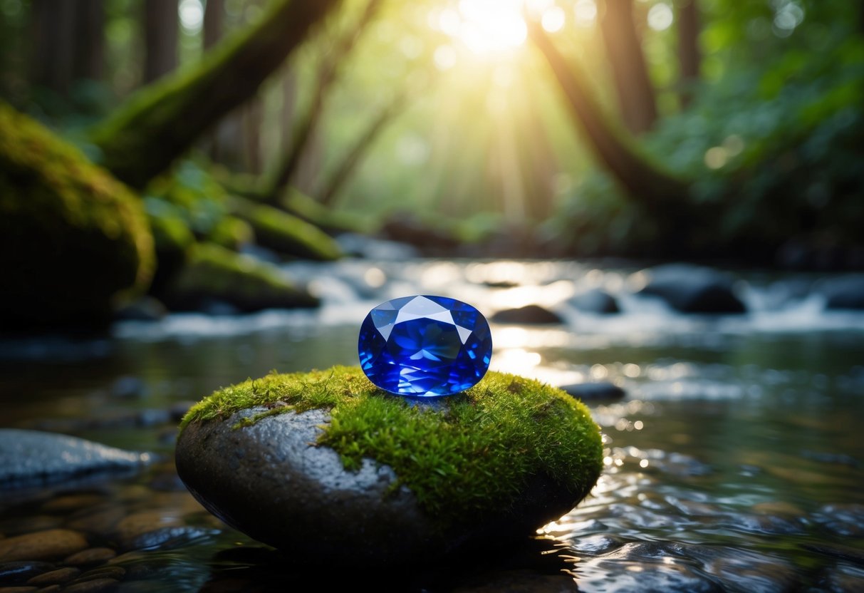 A serene sapphire gemstone rests on a moss-covered rock amidst a tranquil forest stream. Sunlight filters through the trees, casting a peaceful glow on the scene