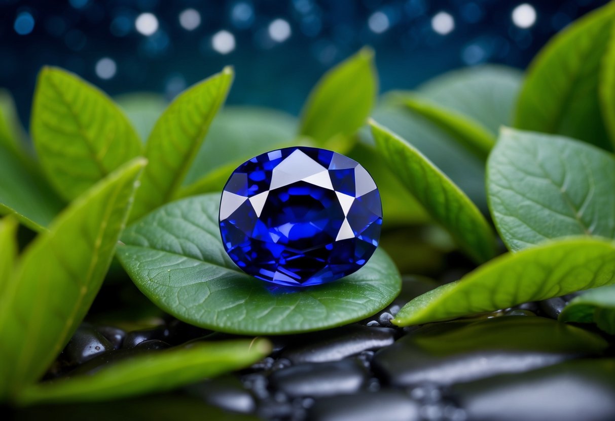 A sapphire gemstone resting on a bed of lush green leaves, surrounded by a gentle stream and a serene, starry sky above