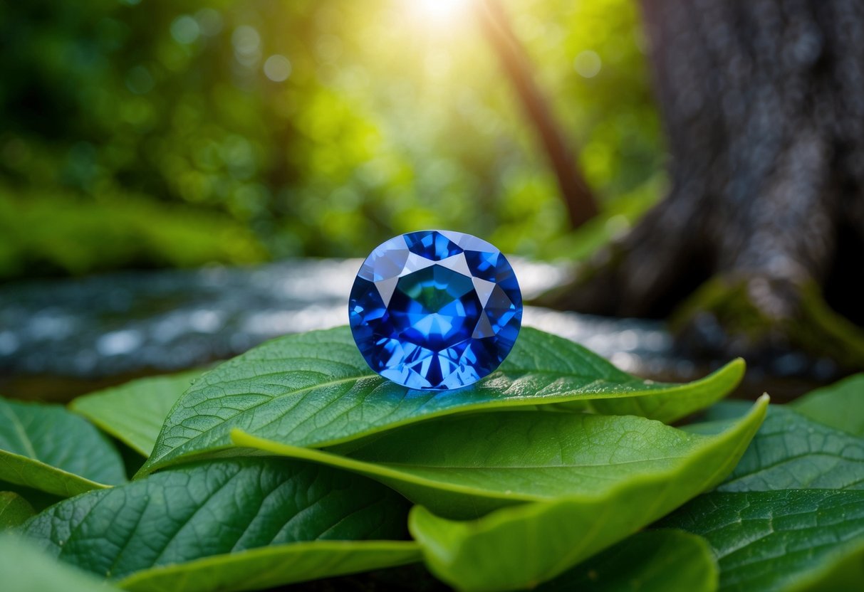 A serene blue sapphire resting on a bed of green leaves, surrounded by a gentle stream and a wise old tree