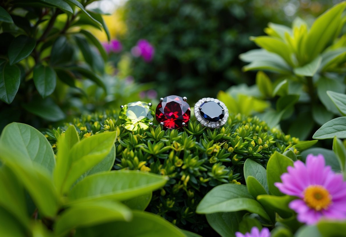 A lush garden with vibrant green peridot, deep red sardonyx, and sparkling black spinel nestled among lush foliage and blooming flowers