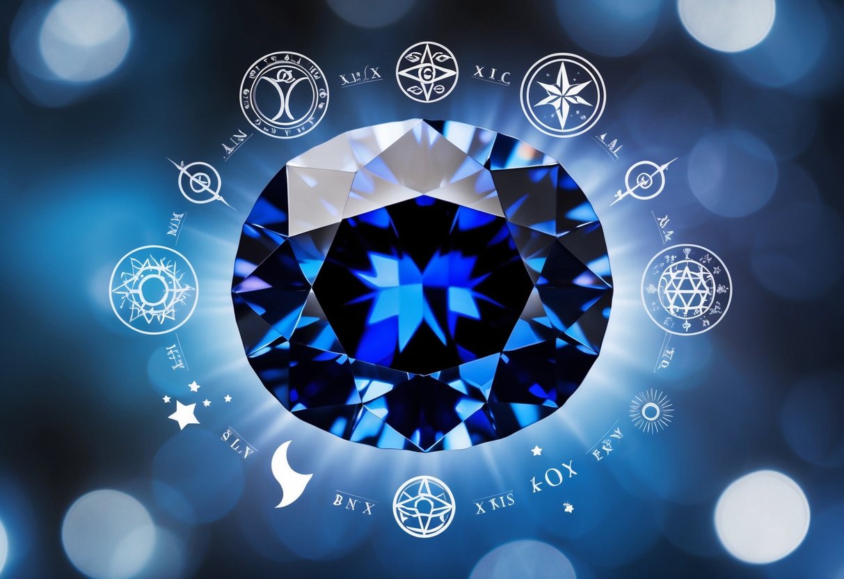 A sapphire gemstone surrounded by celestial symbols, exuding a sense of wisdom and tranquility