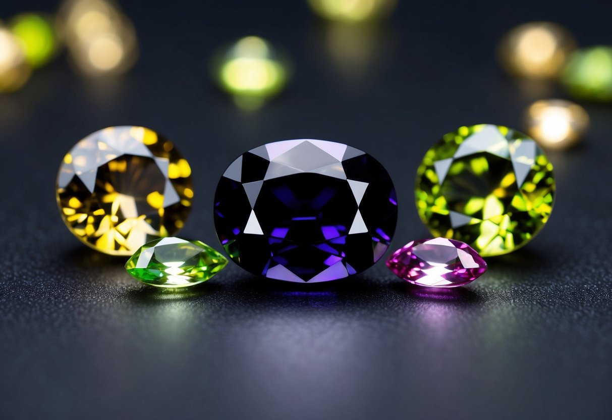 A sardonyx gemstone surrounded by peridot and spinel, emanating diverse energies and virtues