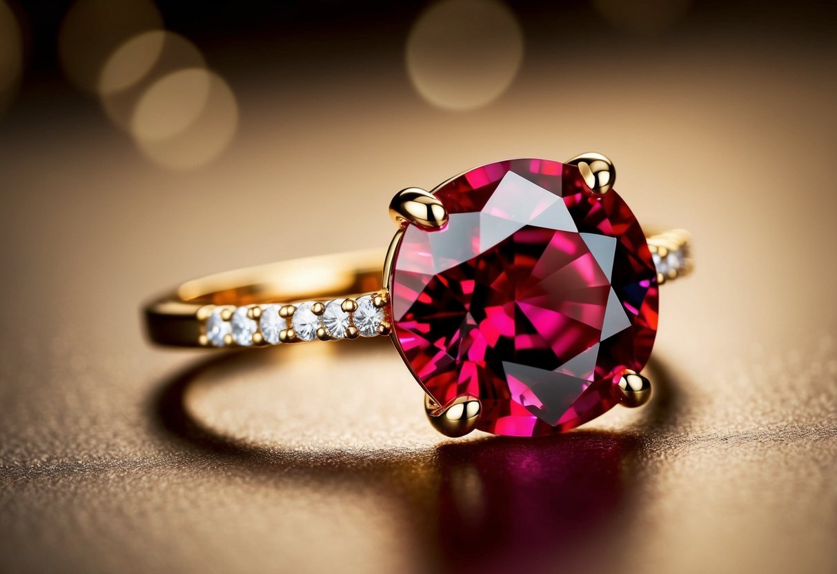 A vibrant ruby gem glows in a golden setting, evoking feelings of passion and protection