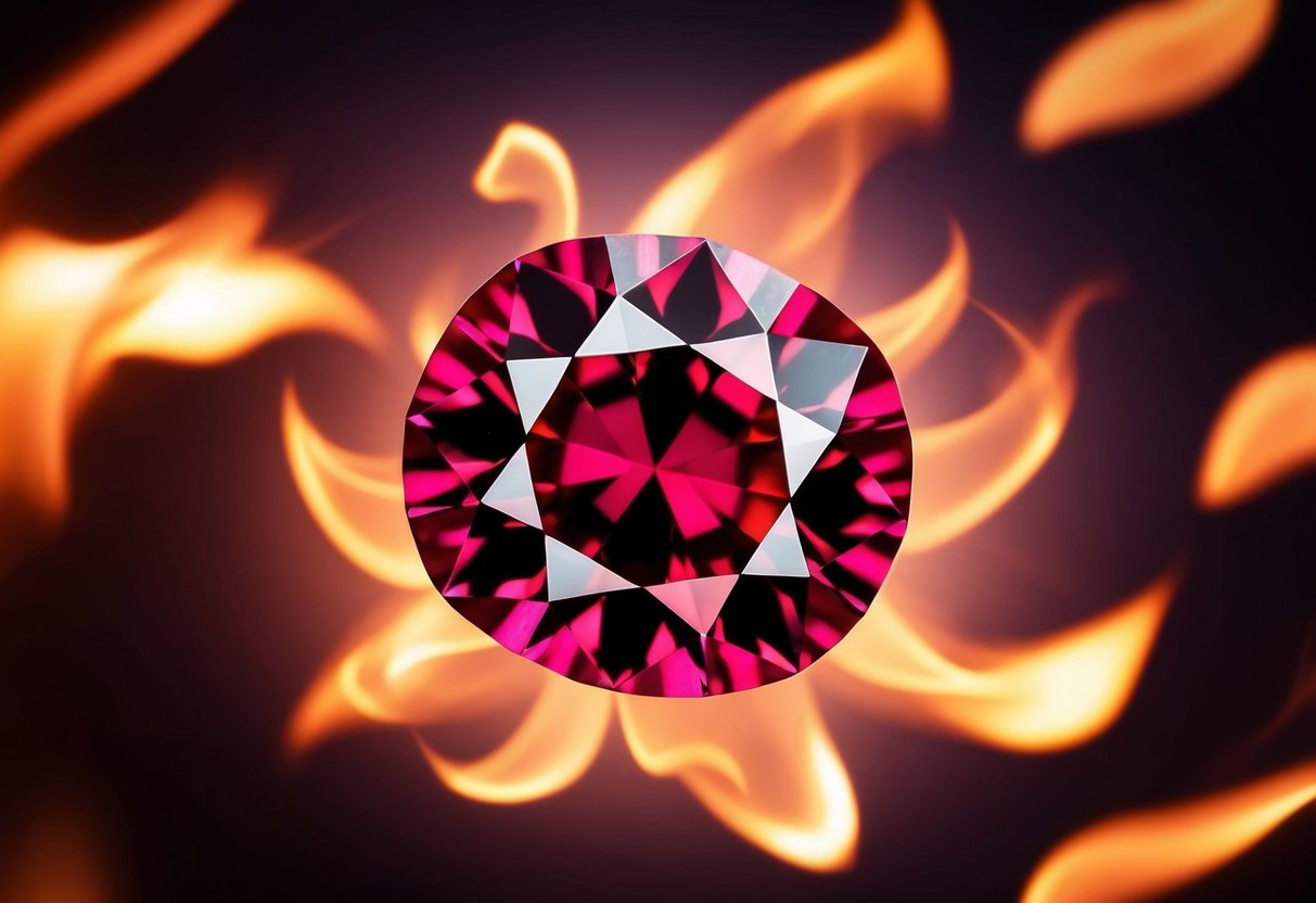 A vibrant ruby gemstone surrounded by flames, representing passion and protection