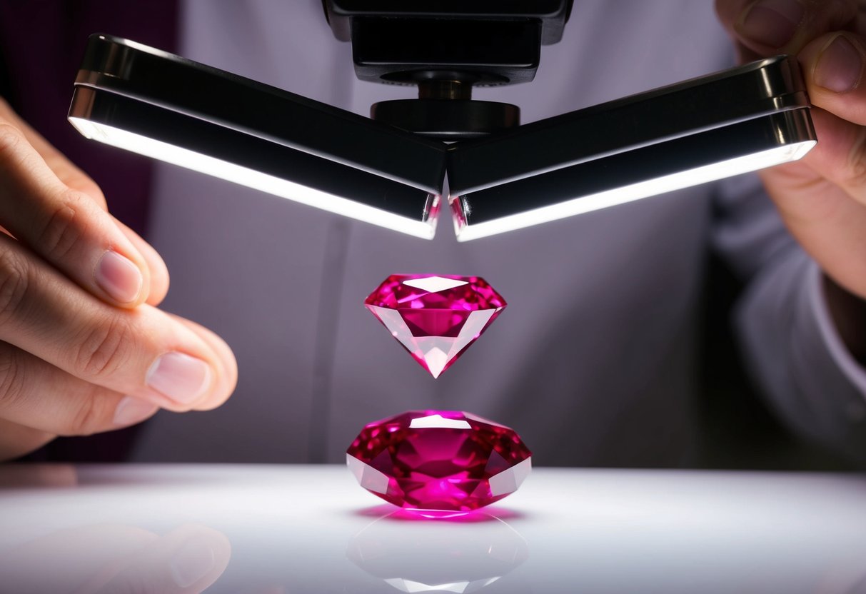 A jeweler examines a radiant ruby under a bright light, assessing its color, cut, clarity, and carat weight