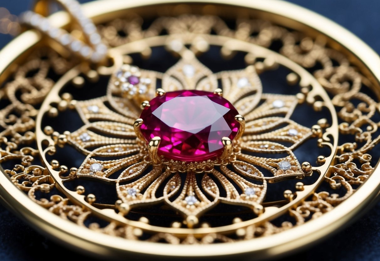 A sparkling ruby gemstone set in an ornate gold pendant, surrounded by delicate filigree and intricate detailing