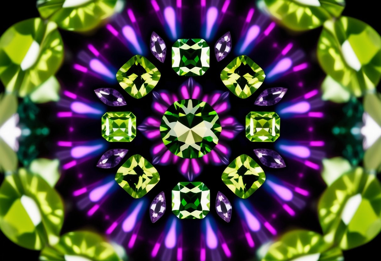 A vibrant kaleidoscope of peridot, sardonyx, and spinel gemstones radiating diverse energies