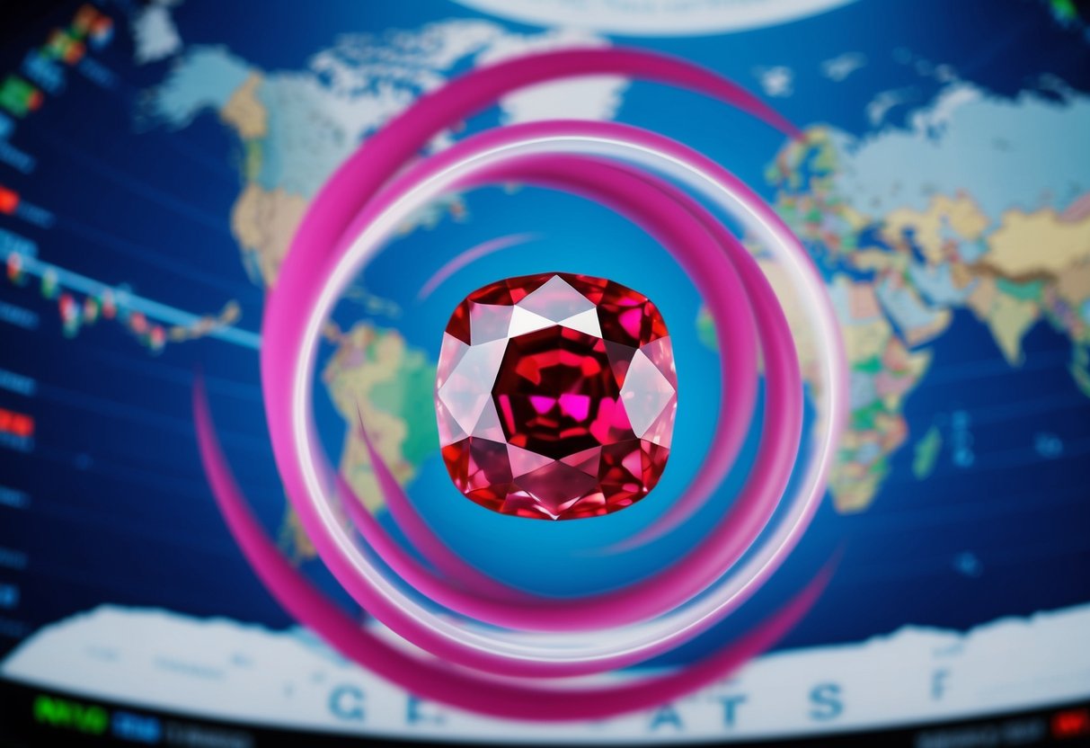 A vibrant ruby gemstone surrounded by swirling, protective energy, set against a global map with market indicators