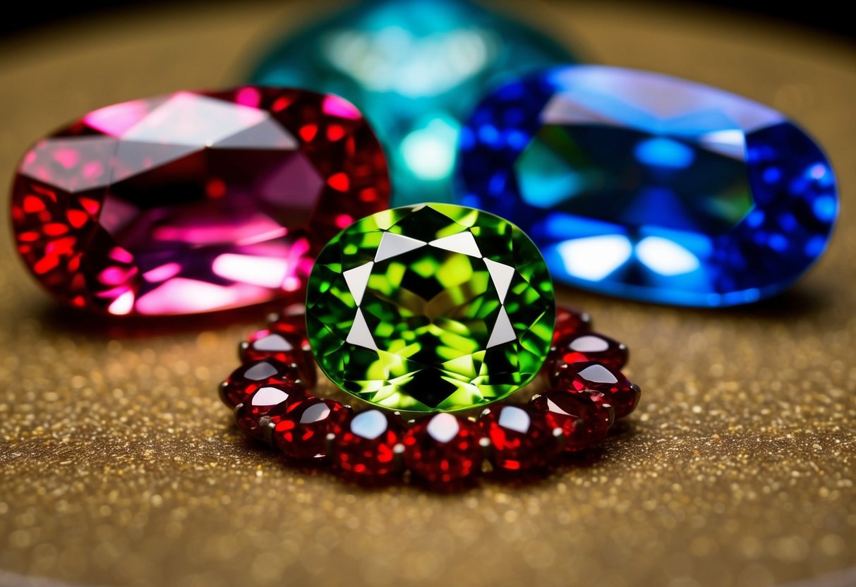 A lush green peridot glows with inner fire, surrounded by vibrant red sardonyx and deep blue spinel, each exuding its own unique energy