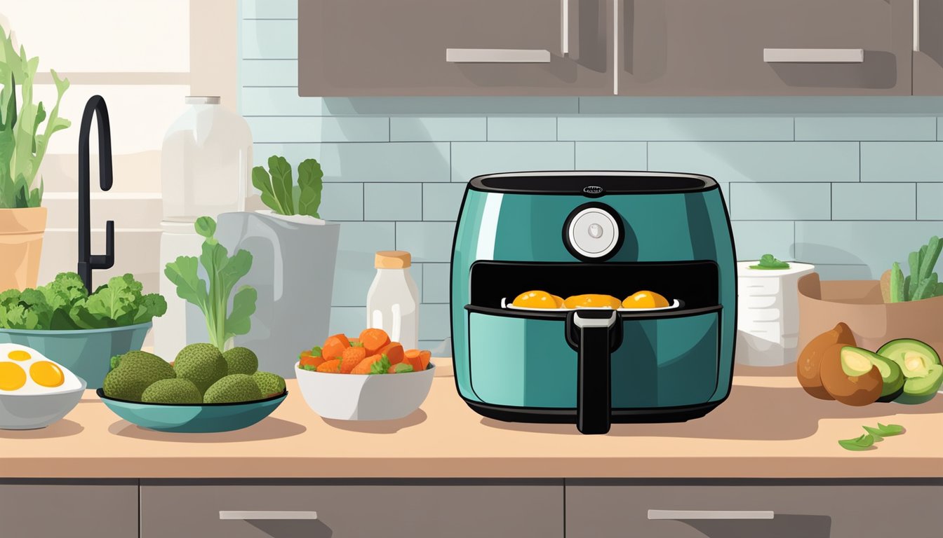 An air fryer sits on a kitchen counter, with halved avocados filled with baked eggs inside. A plate of fresh vegetables and a glass of water are nearby