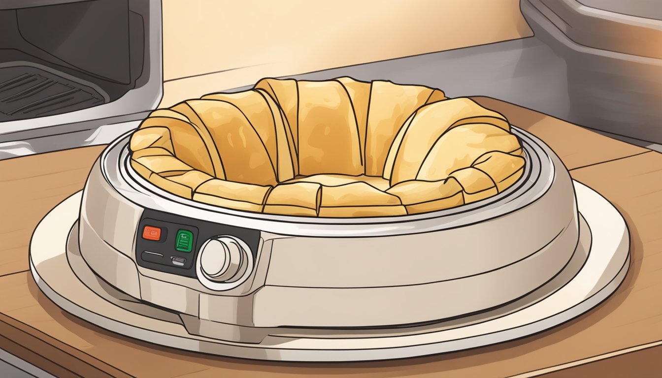 A wheel of brie cheese wrapped in puff pastry sits inside an air fryer, ready to be baked until golden and gooey