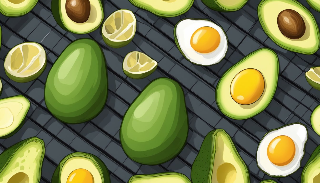 Ripe avocados halved, eggs cracked into the centers, placed in air fryer basket