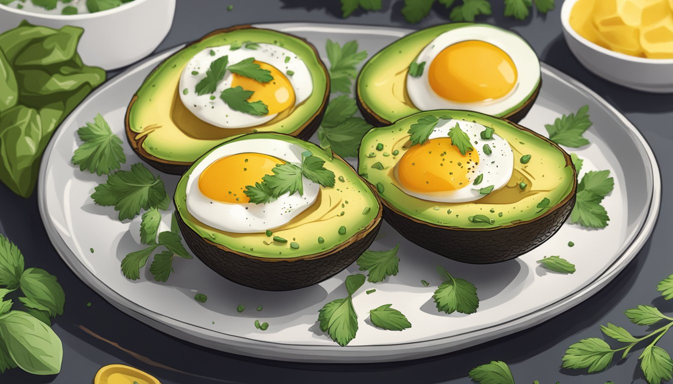 A plate of air fryer baked avocado eggs, with a side of fresh herbs and a stack of storage containers nearby