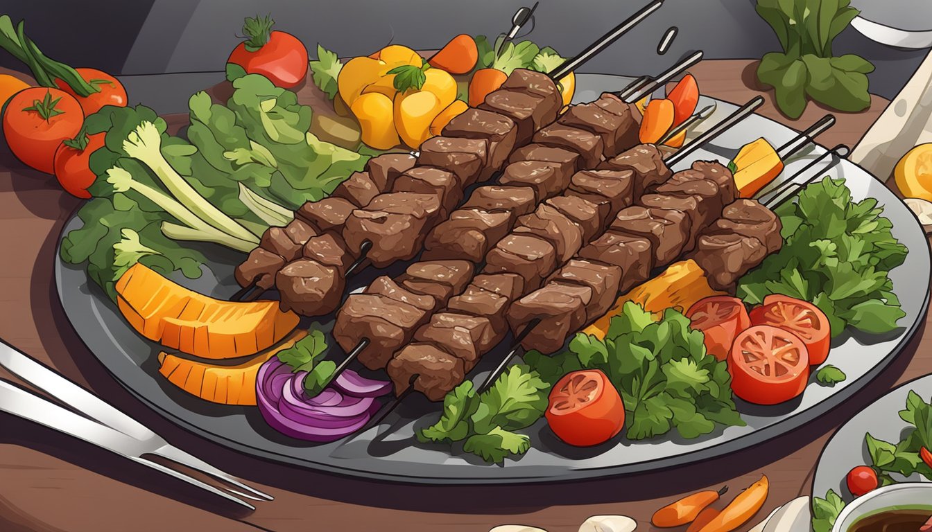 Beef skewers sizzling in an air fryer, surrounded by colorful vegetables and herbs on a serving platter