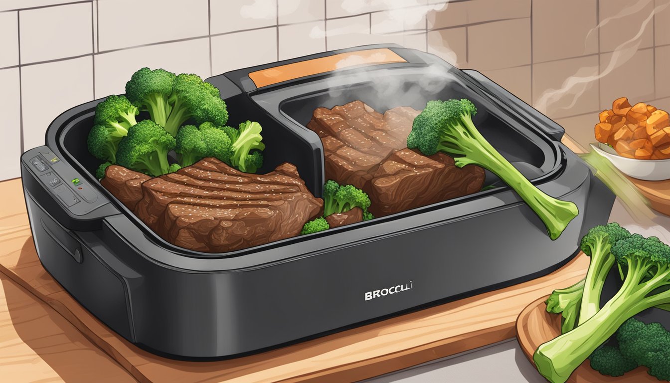 Sizzling beef and broccoli cooking in an air fryer, steam rising