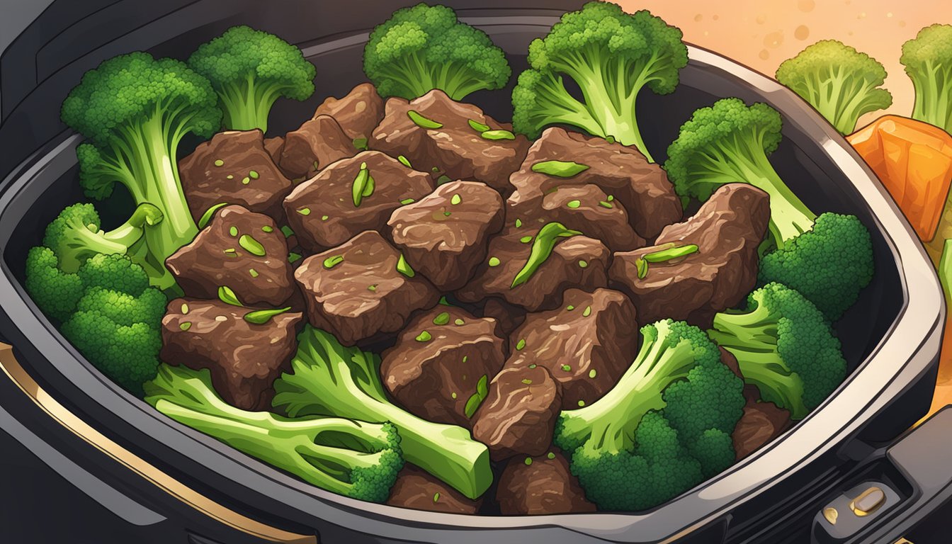 Sizzling beef and broccoli cooking in an air fryer, emitting savory aromas and vibrant colors