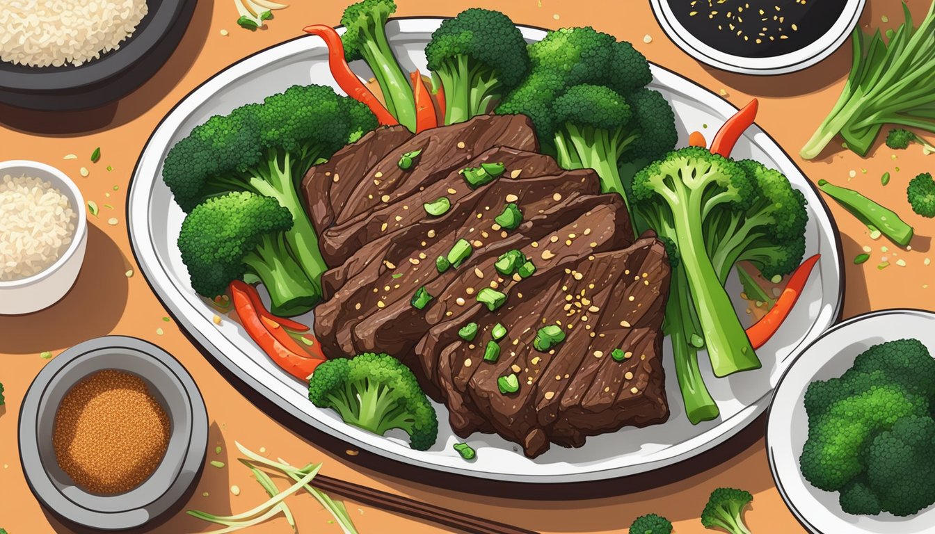 Sizzling beef and broccoli sizzling in an air fryer, surrounded by vibrant garnishing ingredients like sesame seeds, green onions, and red pepper flakes