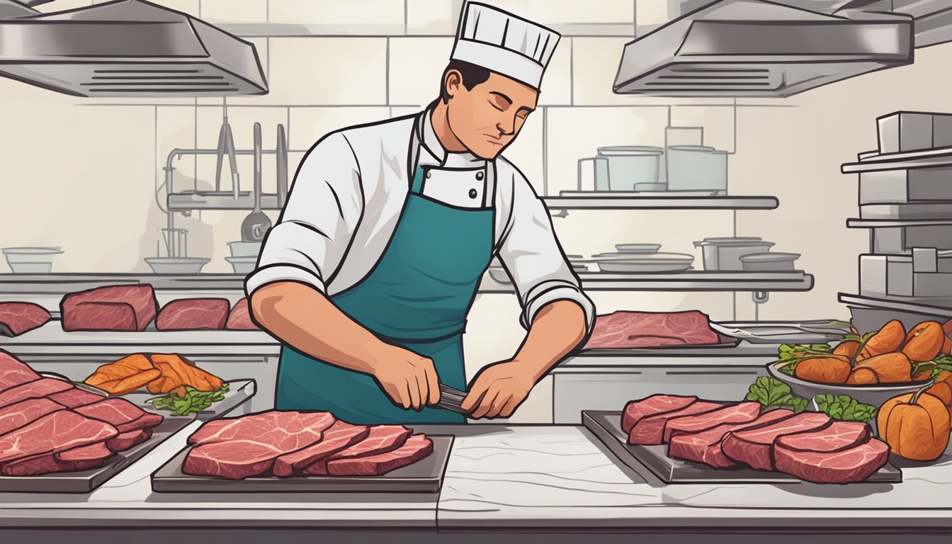 A chef selecting a marbled beef cut for air fryer jerky