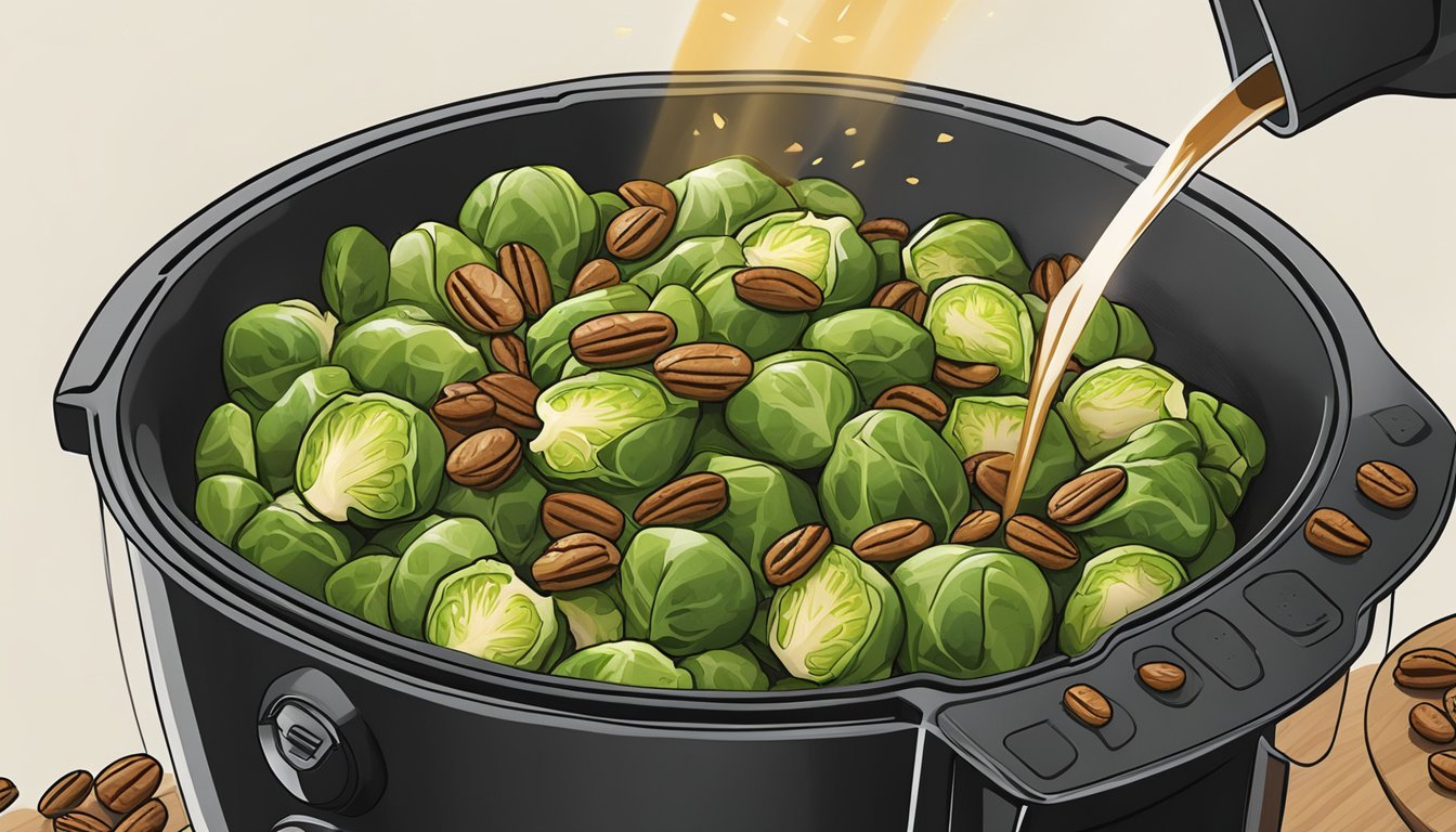 Brussels sprouts being drizzled with balsamic glaze and sprinkled with chopped pecans in an air fryer