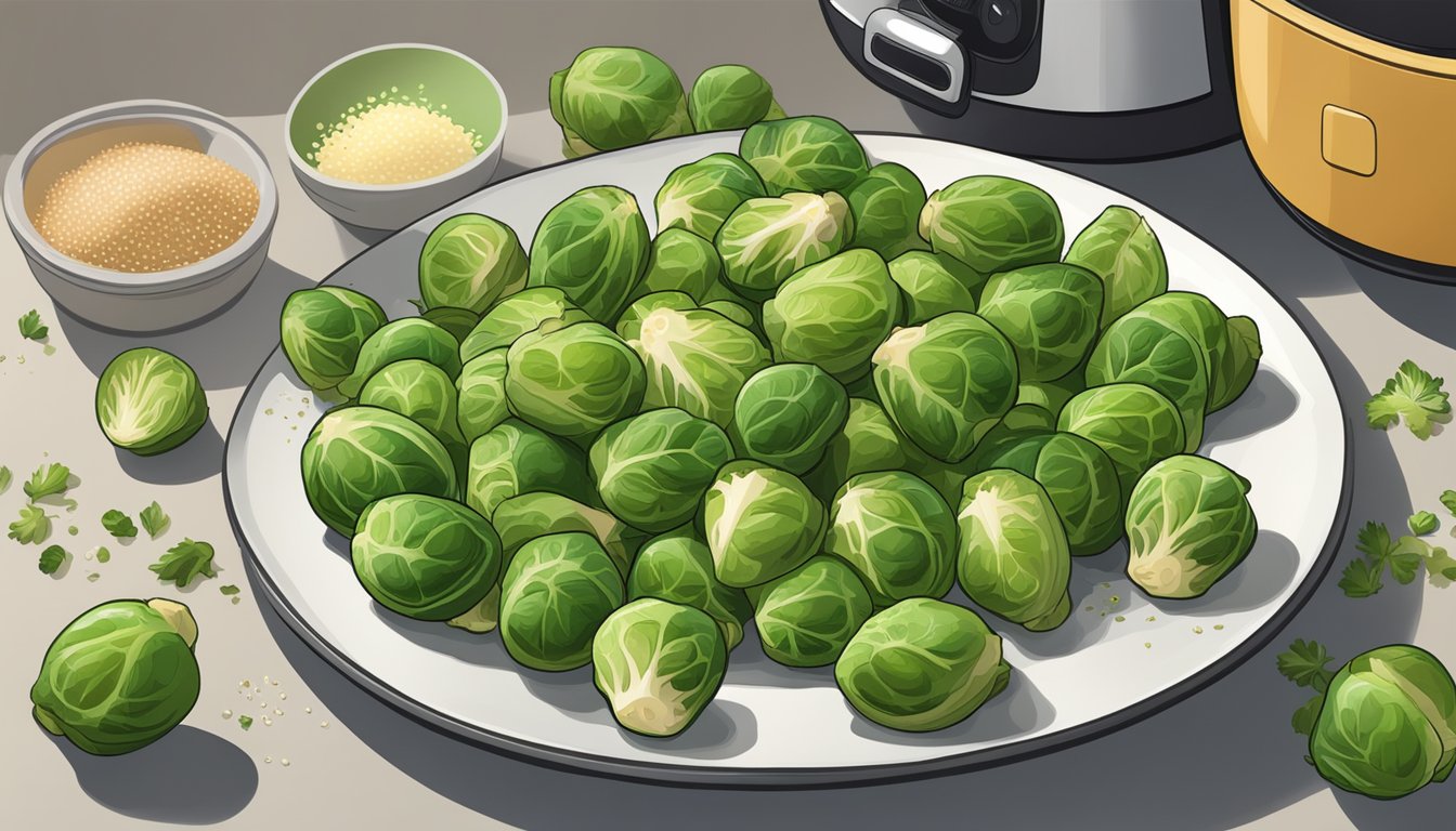 Brussels sprouts arranged on a plate with a sprinkling of seasoning, next to an air fryer