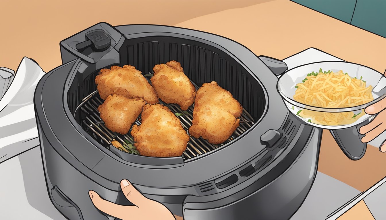 A plate of crispy garlic parmesan chicken thighs being placed into an air fryer for reheating