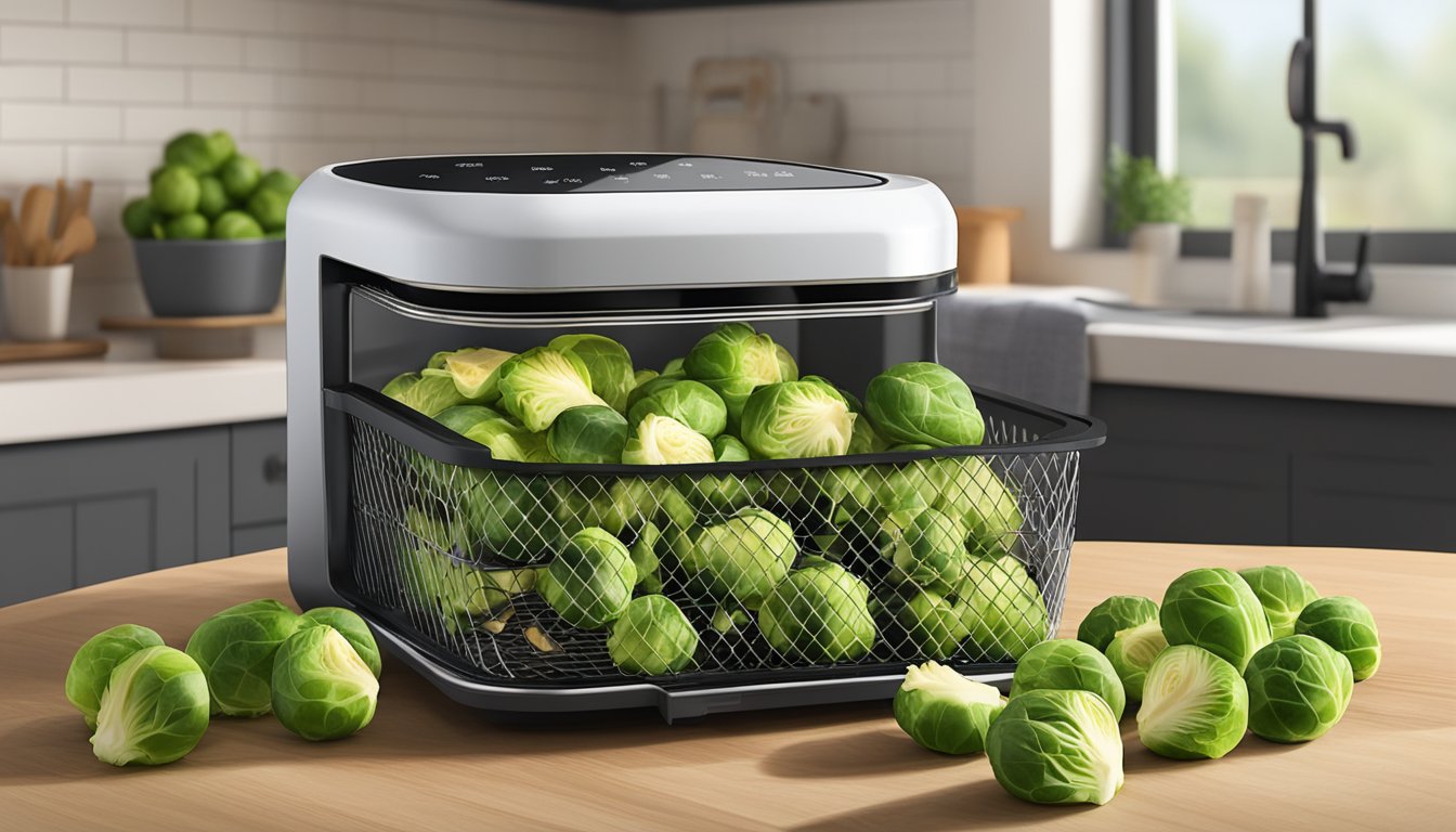 Fresh brussels sprouts in an air fryer basket, with a container of seasoning and a microwave in the background