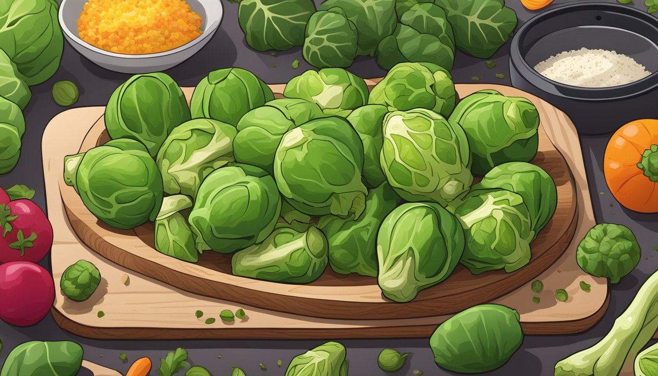 Fresh brussels sprouts arranged on a cutting board, surrounded by colorful vegetables and seasonings, next to an open air fryer