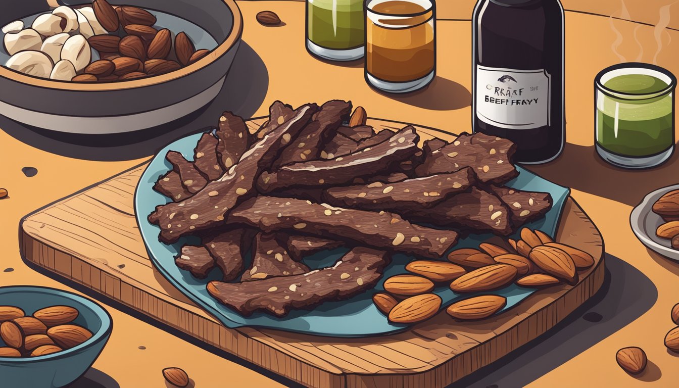 A plate of air fryer beef jerky with assorted nuts, dried fruits, and a bottle of craft beer on a wooden serving board