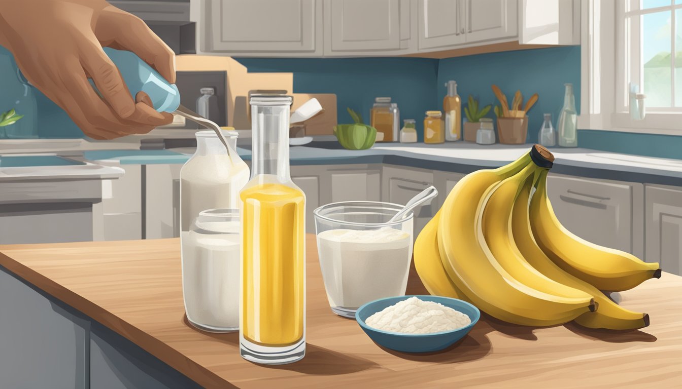 A hand reaching for a ripe banana, a measuring cup of flour, and a bottle of vanilla extract on a kitchen counter