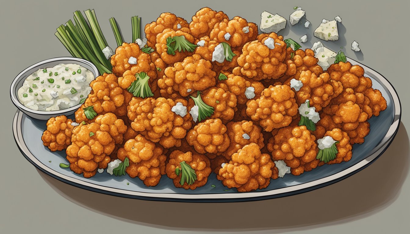 A platter of golden-brown buffalo cauliflower florets, drizzled with spicy buffalo sauce, and sprinkled with chopped green onions and blue cheese crumbles