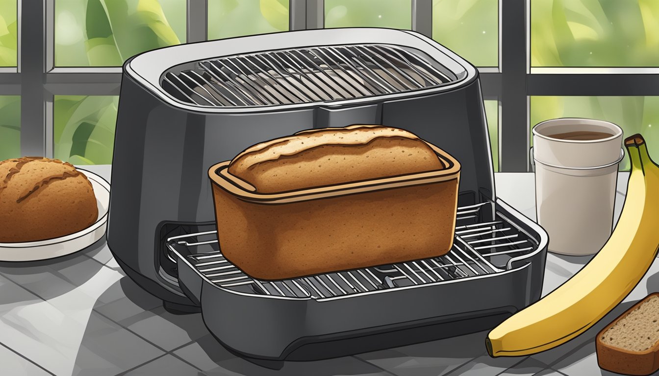 A fresh loaf of banana bread being placed in an open air fryer, with a cooling rack and airtight container nearby for storage