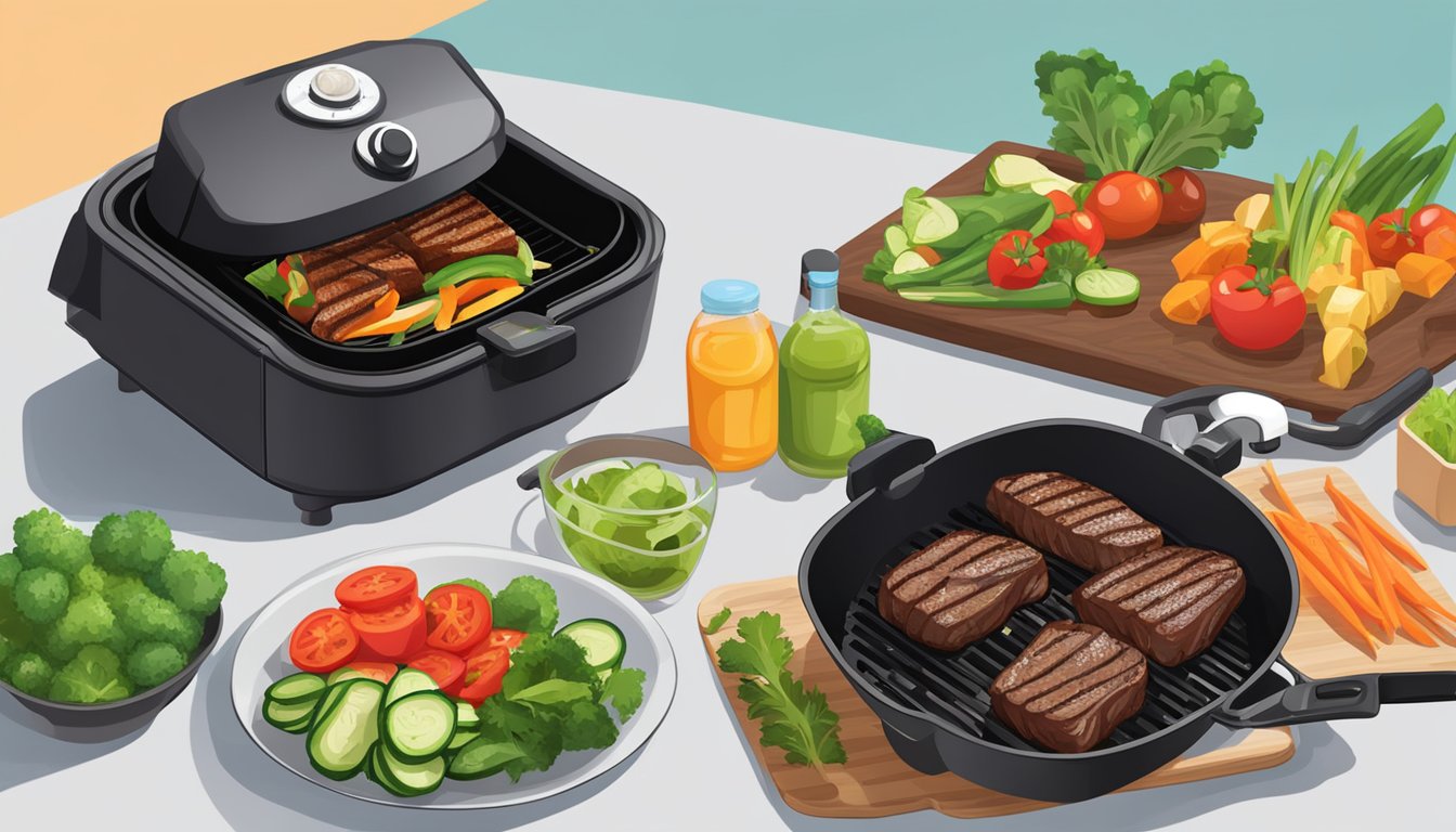 Fresh vegetables sizzling in an air fryer while balsamic glazed steak rolls cook on a hot grill