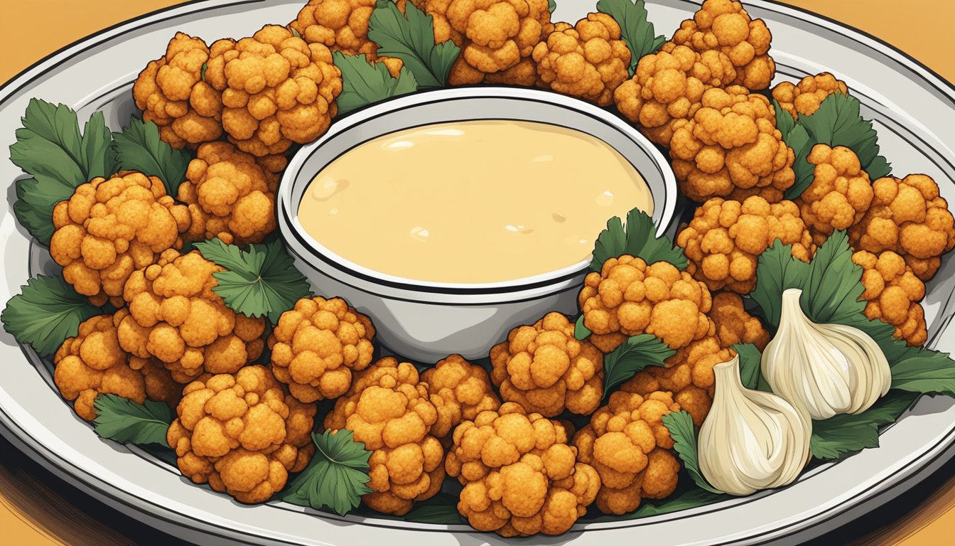 A platter of golden-brown buffalo cauliflower florets arranged around a small bowl of creamy dipping sauce