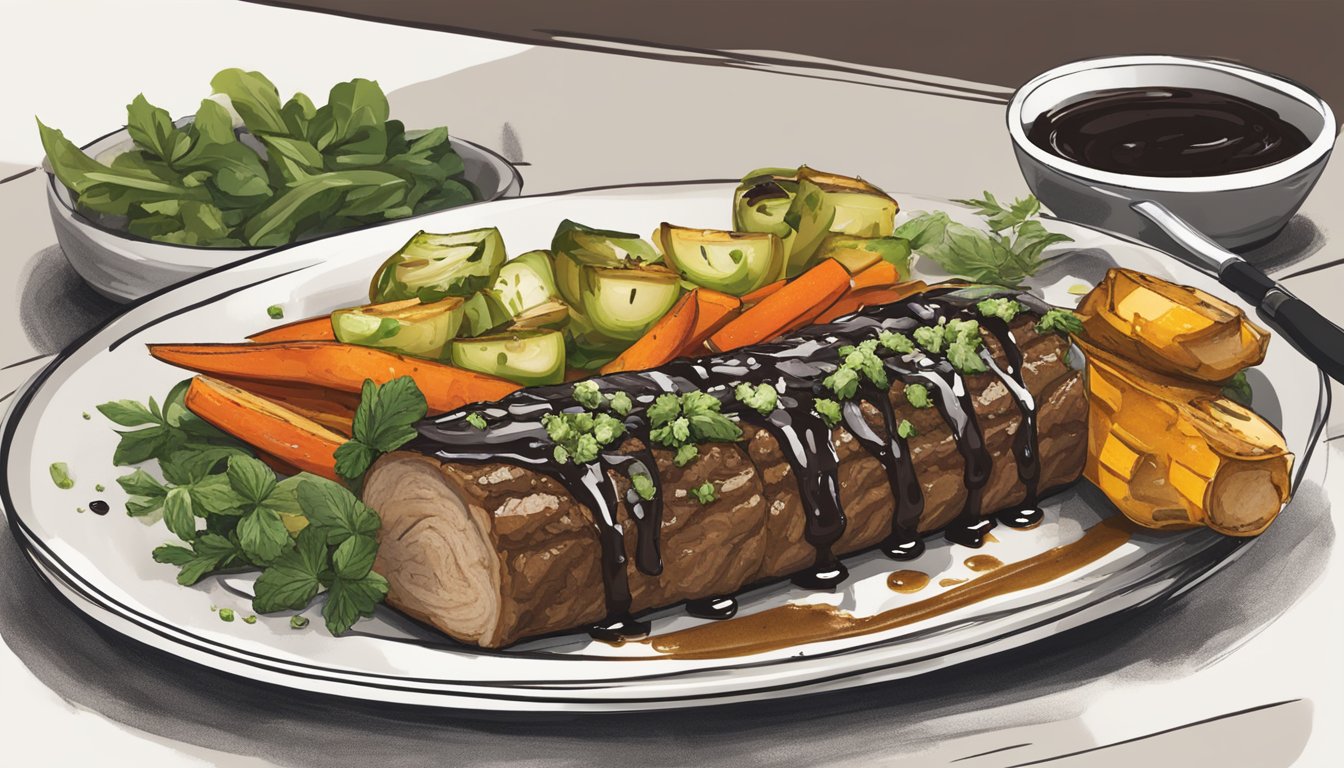 A sizzling steak roll sits on a white plate, drizzled with balsamic glaze and garnished with fresh herbs, accompanied by a side of roasted vegetables