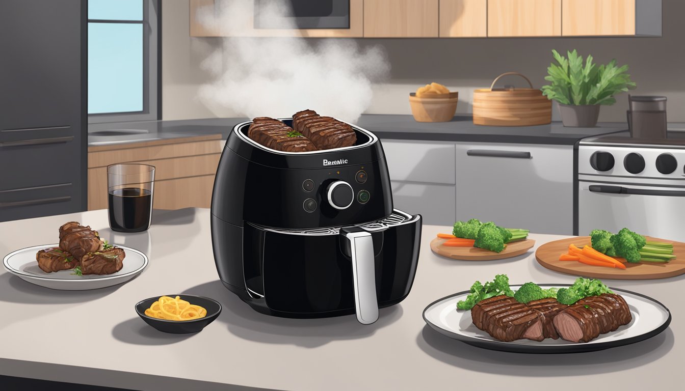 A plate of balsamic glazed steak rolls sits on a countertop next to an air fryer, with steam rising from the rolls