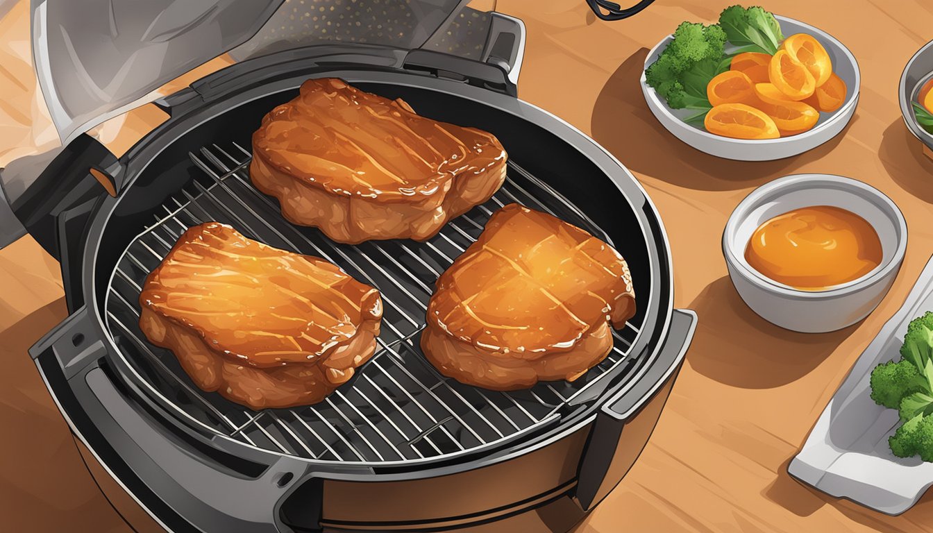 Apricot glazed pork chops sizzling in an air fryer, emitting a golden brown color and a mouth-watering aroma