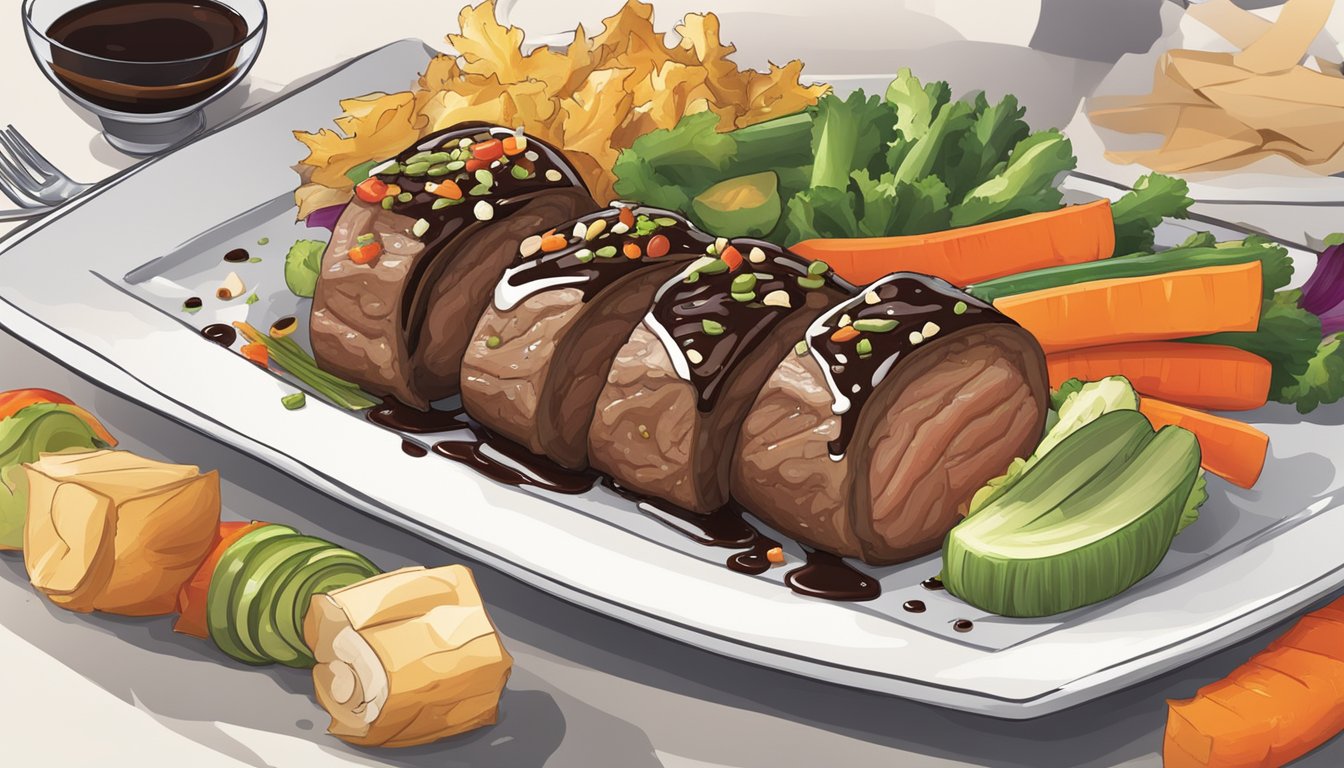 A sizzling steak roll sits on a plate, glazed with balsamic sauce, surrounded by colorful vegetables and a side of nutritional information