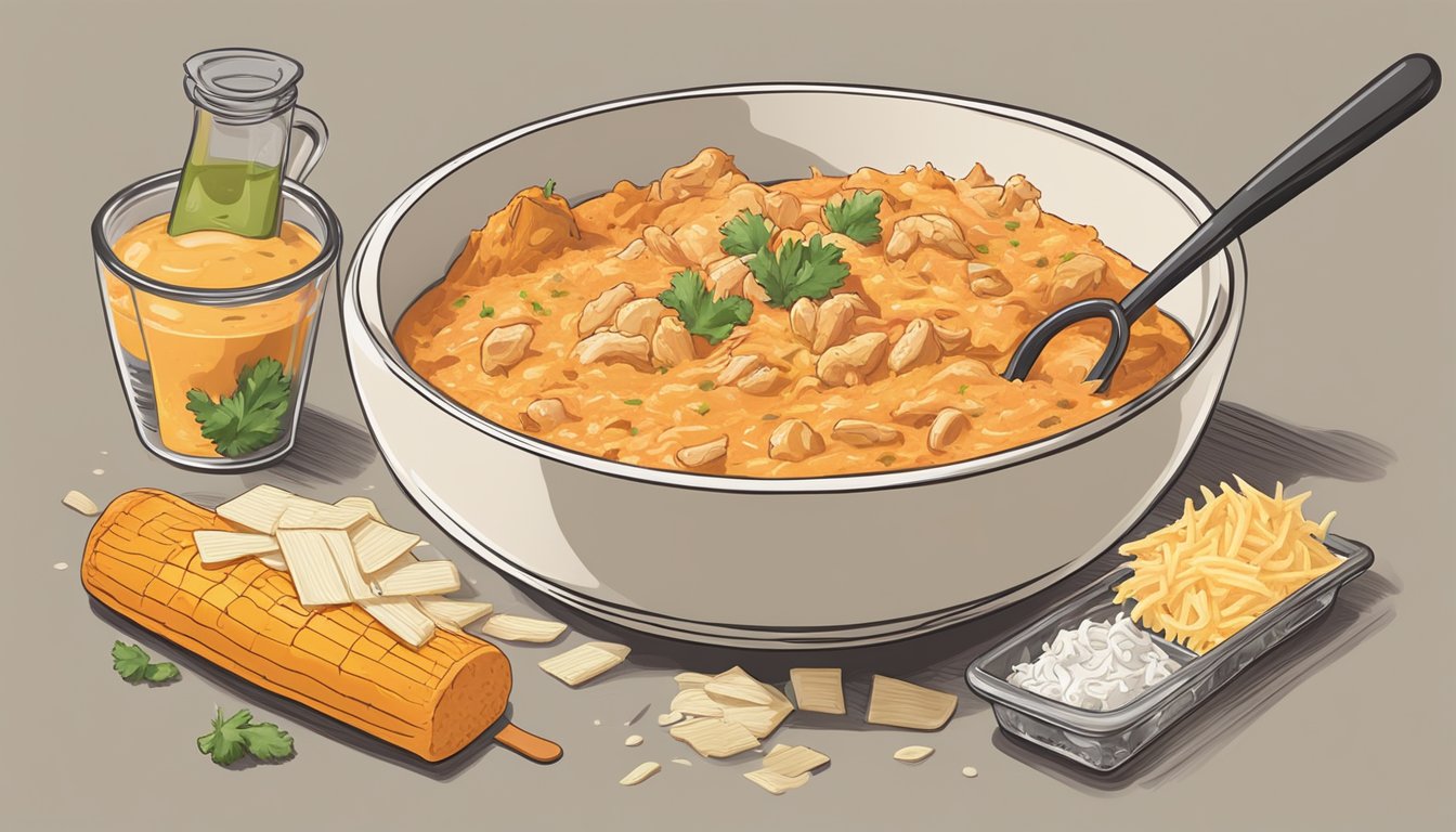 A bowl of creamy buffalo chicken dip being mixed with a spatula, surrounded by ingredients like shredded chicken, hot sauce, and melted cheese