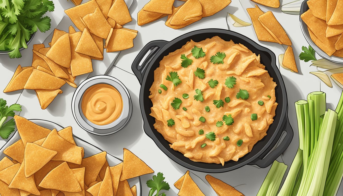 Golden brown buffalo chicken dip surrounded by crispy air fryer chips and fresh celery sticks