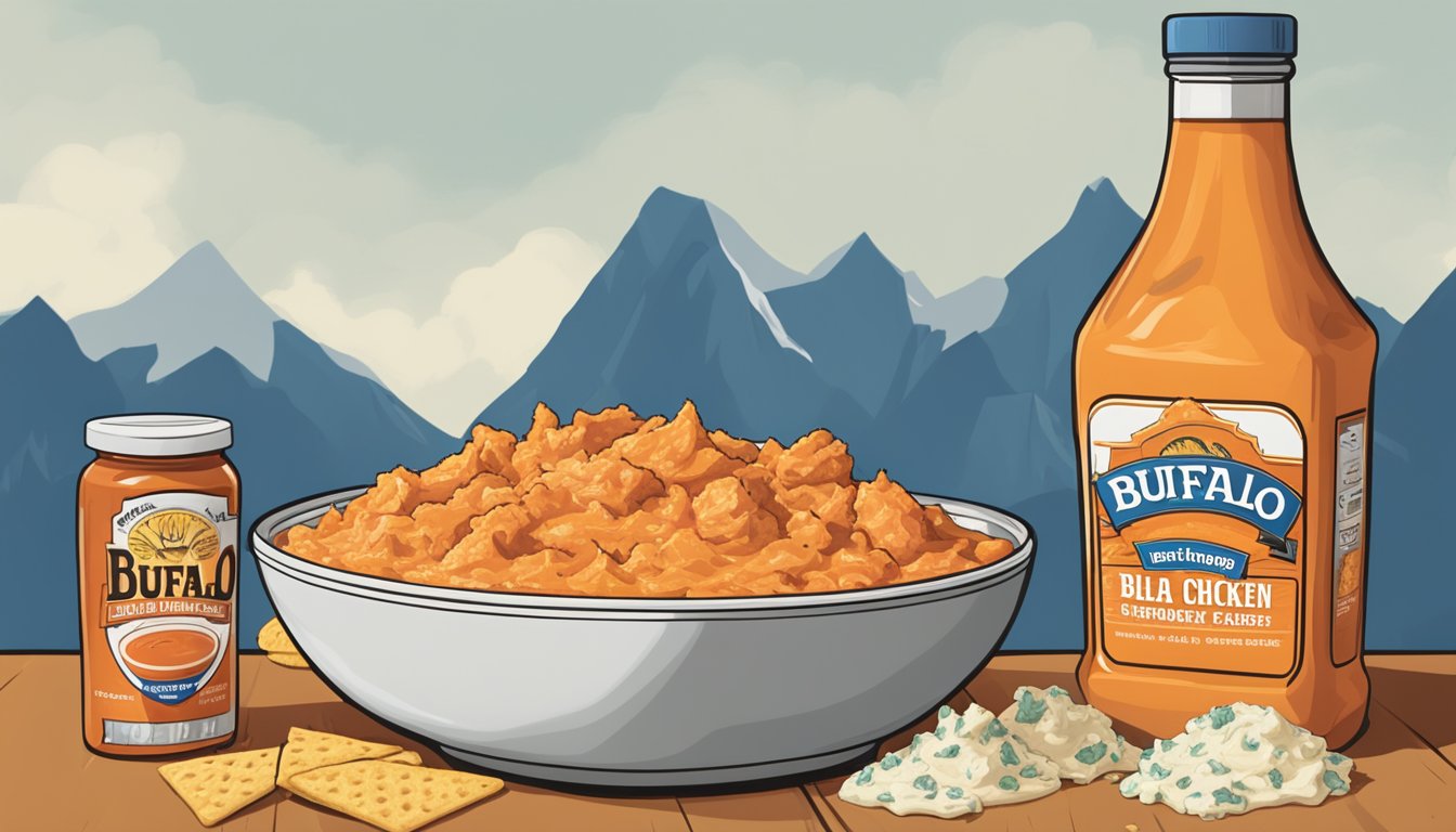 A bubbling bowl of buffalo chicken dip sits next to a pile of tortilla chips, surrounded by a few bottles of hot sauce and a jar of blue cheese dressing