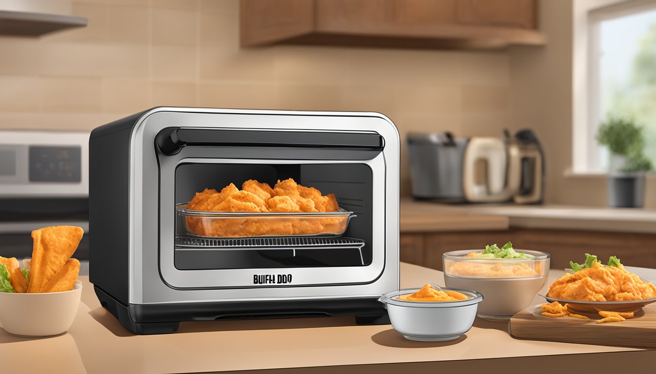 A glass container filled with buffalo chicken dip sits inside an air fryer, with the lid slightly ajar. The air fryer is set on a countertop next to a microwave