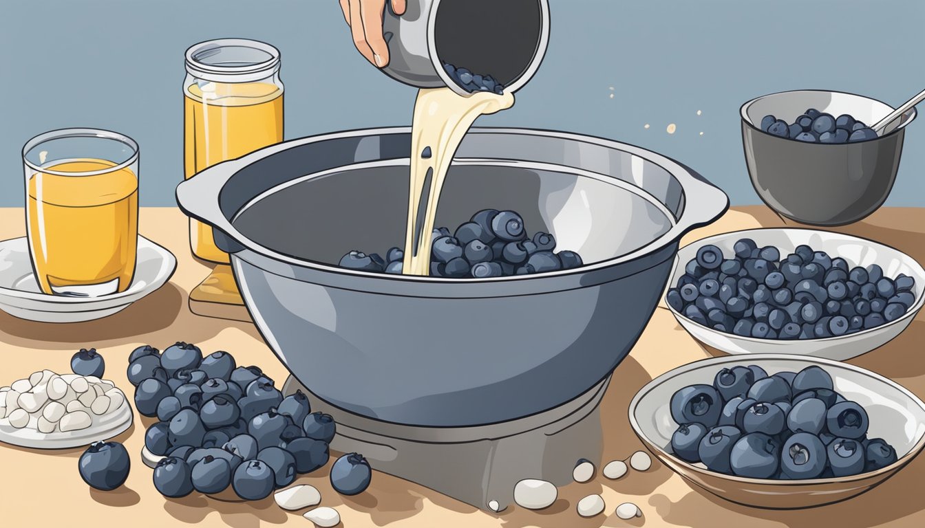 Fresh blueberries being poured into a mixing bowl, surrounded by ingredients and an air fryer, ready to be used in making blueberry muffins