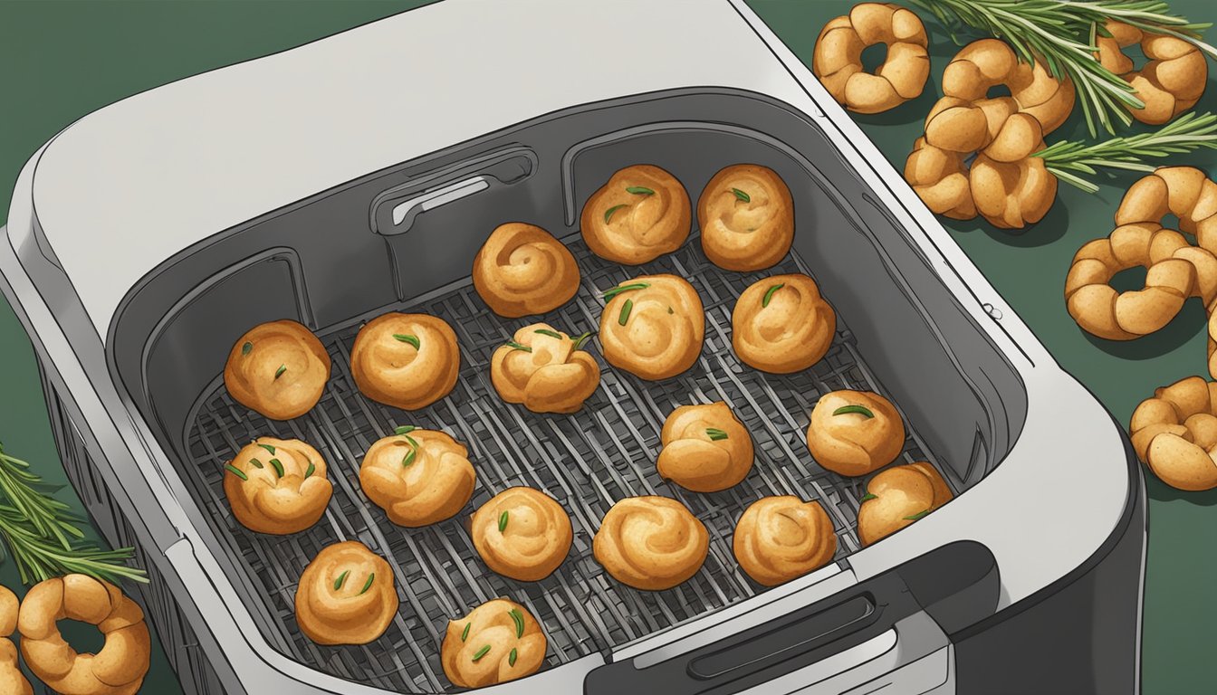 Garlic knots being placed into an air fryer basket, surrounded by a scattering of garlic cloves and a sprig of fresh rosemary