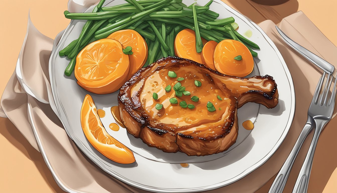 A plate of air fryer apricot glazed pork chops is elegantly presented with garnishes