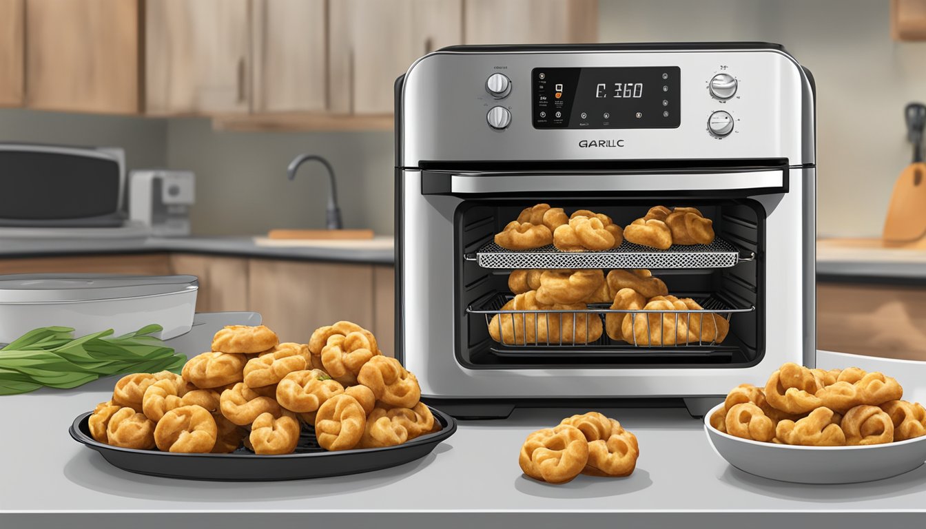 Garlic knots placed in an air fryer basket, with the air fryer and a microwave in the background